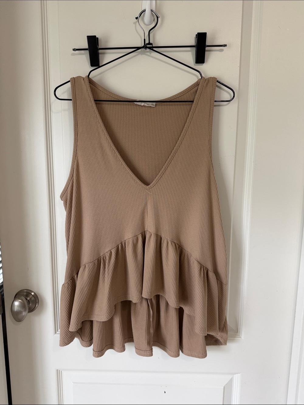 Altar'd State Beige V-Neck Ruffle Ribbed Tank Top